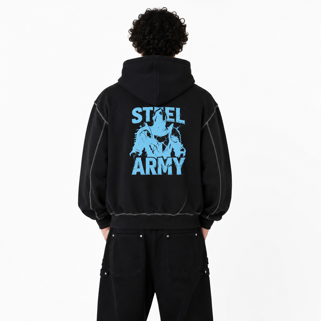 Contrast-Stitched Boxy Fleece Zip Hoodie