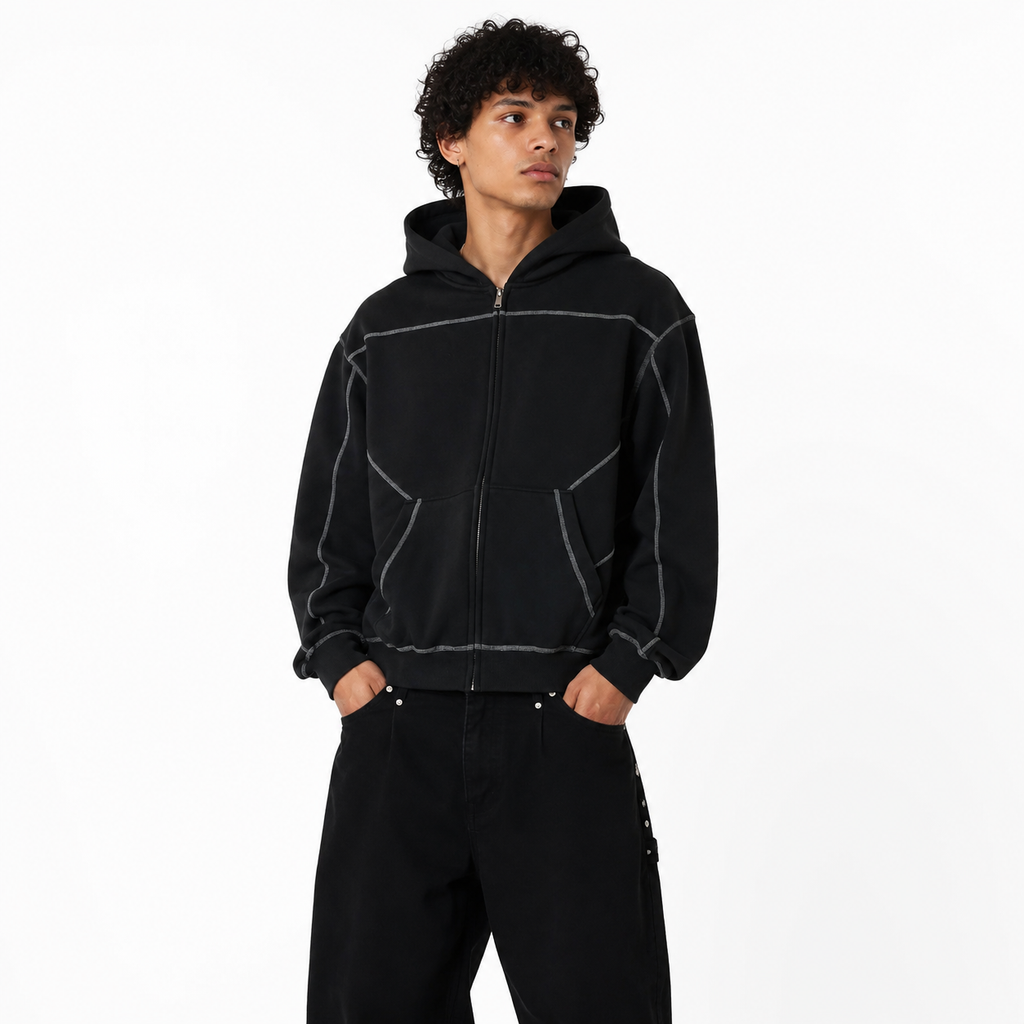 Contrast-Stitched Boxy Fleece Zip Hoodie