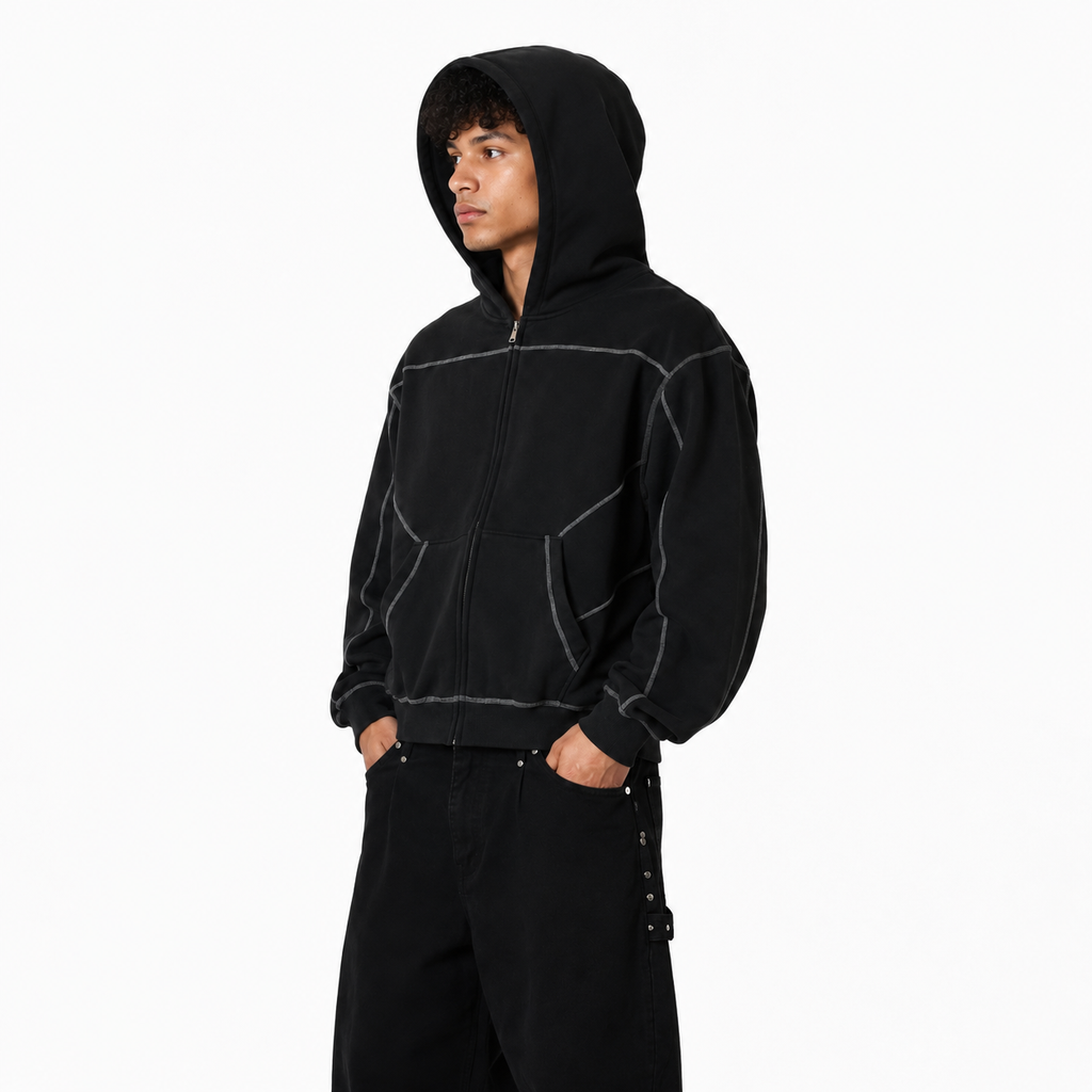 Contrast-Stitched Boxy Fleece Zip Hoodie